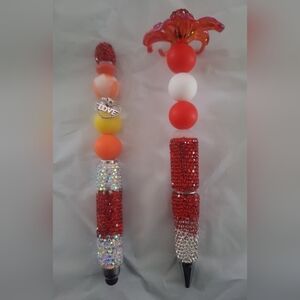 Red bling rhinestone flower pen & red, orange & yellow stylus w/ love charm NEW